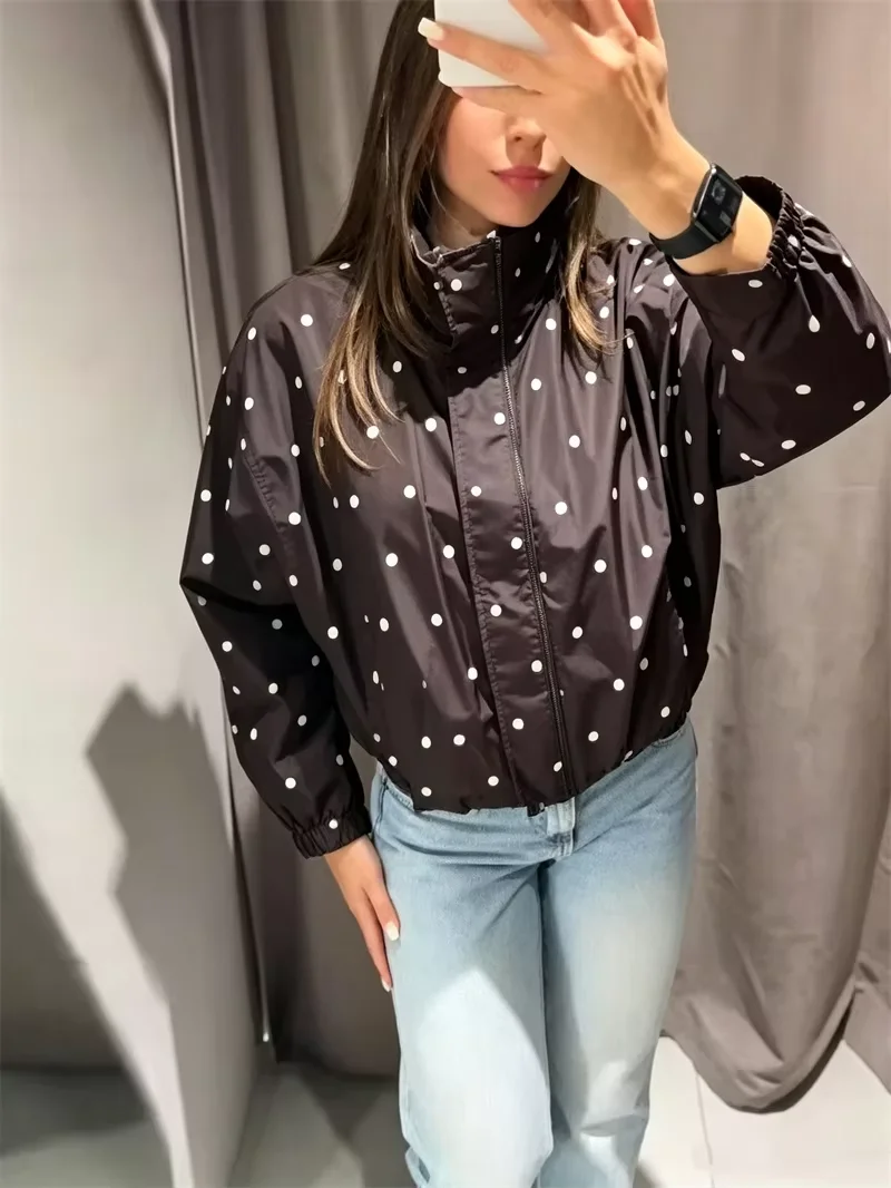 Herbst Damen Retro Polka Dot Jacke mit Stehkragen, Langen Ärmeln, Elastischem Saum, Leichter Windbreaker, Lockerer Passform, Brauner Reißverschluss, Lässiger Mantel – Detail 5