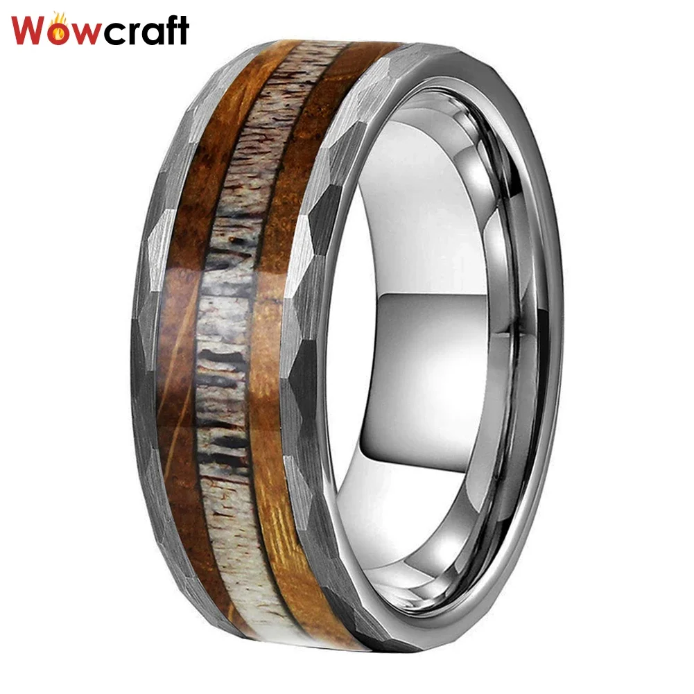 Hammered Tungsten Ring Deer Antler Inlay Between Whiskey Barrel OAK Wood Inlays Brushed Finish Comfort Fit