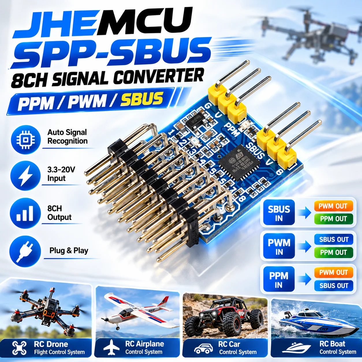 JHEMCU SPP 8CH Signal Converter Module SBUS PPM PWM Output for Flysky IA6B Frsky X8R Receiver Remote Control Plane FPV Drone