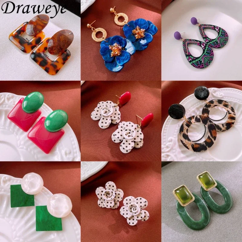 Draweye Resin Earrings for Women Polka Dot Geometric Vintage Korean Fashion Jewelry Elegant Sweet Simple Pendientes Mujer