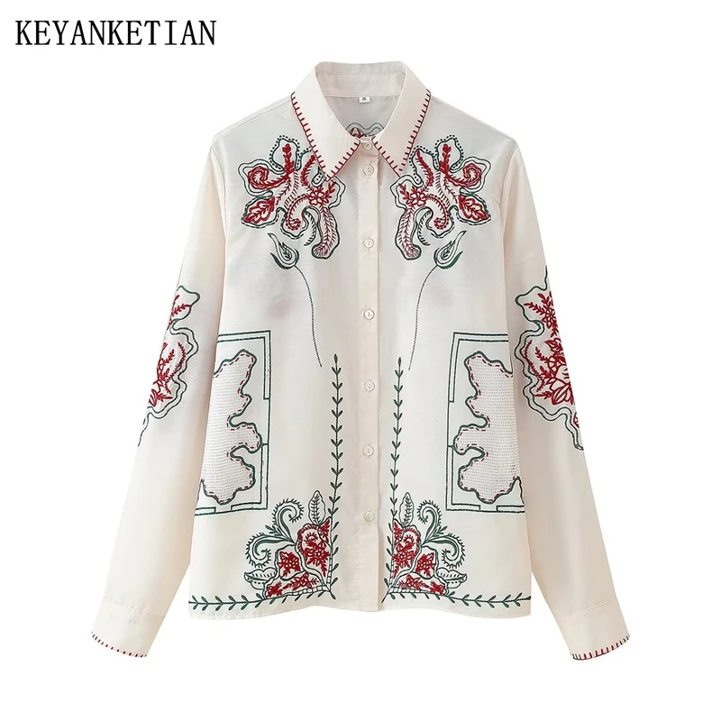 

KEYANKETIAN 2025 Autumn New Retro Flower Embroidered Shirt Single Breasted Long Sleeve Women's Loose Blouses Ethnic style Top