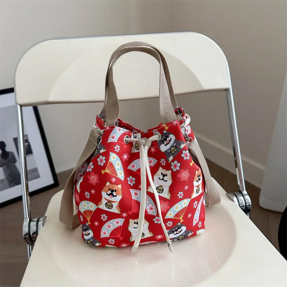 

Fashion Dog Drawstring Bucket Bag Multifunctional Flower Canvas Crossbody Bag Handheld Large Capacity Cartoon Lunch Bag Daily