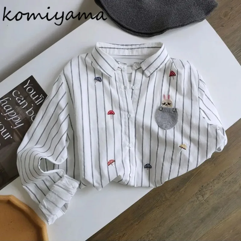 

Vertical Stripes Embroidery Shirts Blouses Laple Neck Long-sleeve Blusas Mujer 2025 Woman Clothing Camisas Loose Casual Tops