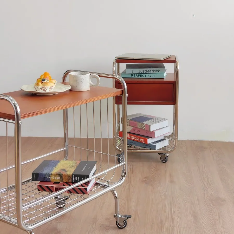 Nordic cherry wood antique tie rod movable multi-functional bedside table stainless steel ship plate material