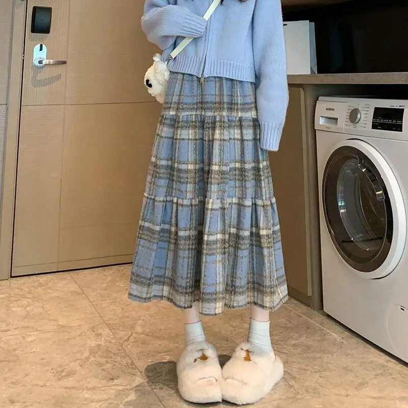 Damska spódnica w kratę, plisowana, księżniczka, codzienna, modna, rozkloszowana, długa spódnica, słodka, uniwersalna, gruba, wiosenno-jesienna odzież, prezent dla dziewczyny, nowa.