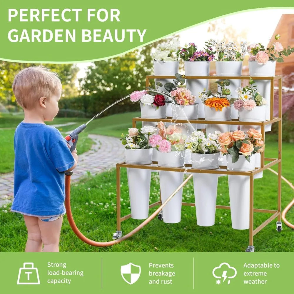 عربة زهور معدنية ثلاثية الطبقات مع 360 درجة ° عجلات دوارة وفرامل، دلو حديدي متضمن لعرض الزهور #5