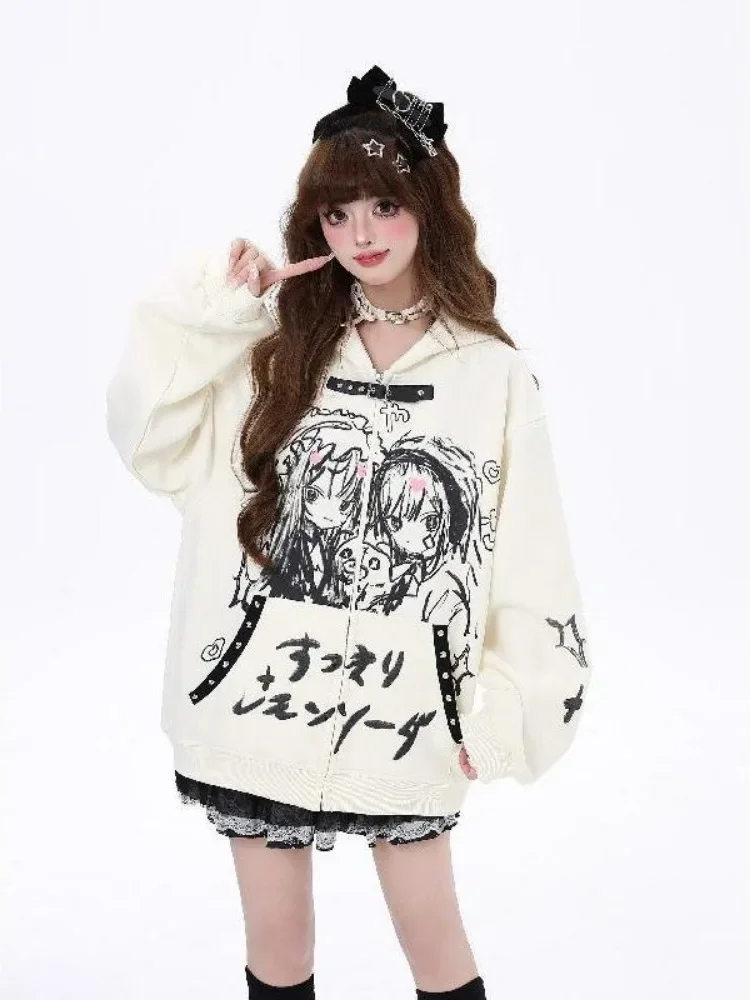 

Autumn Women Japanese Cartoon Printing Jackets Harajuku Casual Loose Y2k Aesthetic Hooded Coat Pocket Oversized Zipper Jacket