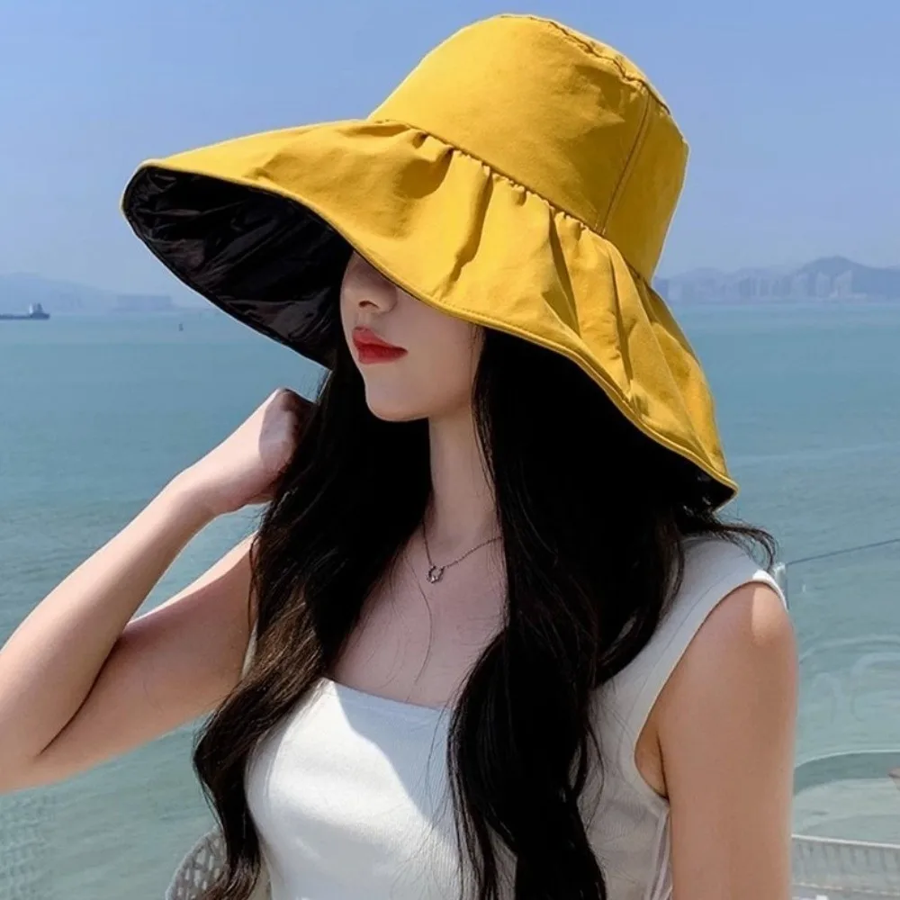 Simple Solid Color Women Fisherman Hat Anti-Ultraviolet Adjustable Wide Brim Sun Hat Sunshade Foldable Sun Protection Hat Travel