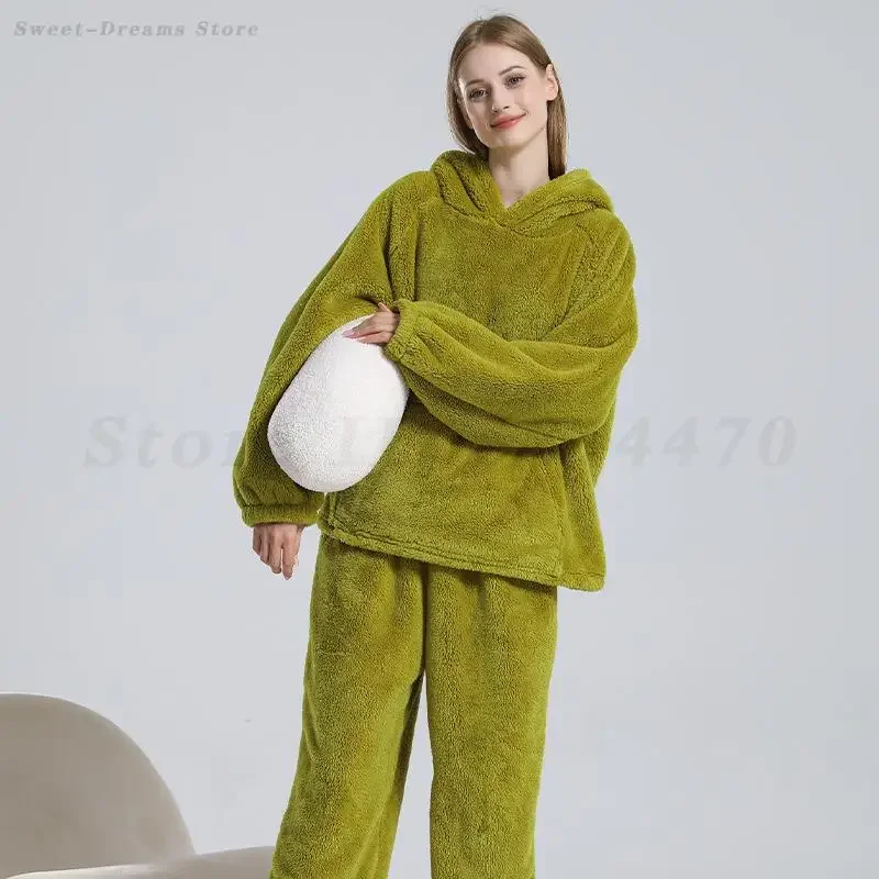 

Flannel Hoodie Top&Trouser Pyjamas Suit Women's Coral Fleece Pajamas Set Autumn Winter Long Sleeve Thick Sleepwear Home Clothes