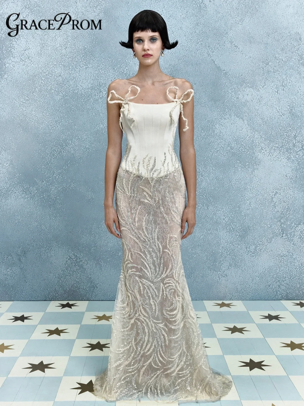 Glamorous Spaghetti Strap Gown Bow Tie Shoulder Straps Corset Bodice Sequin Evening Gown Party Dress Wedding Guests فساتين سهرة