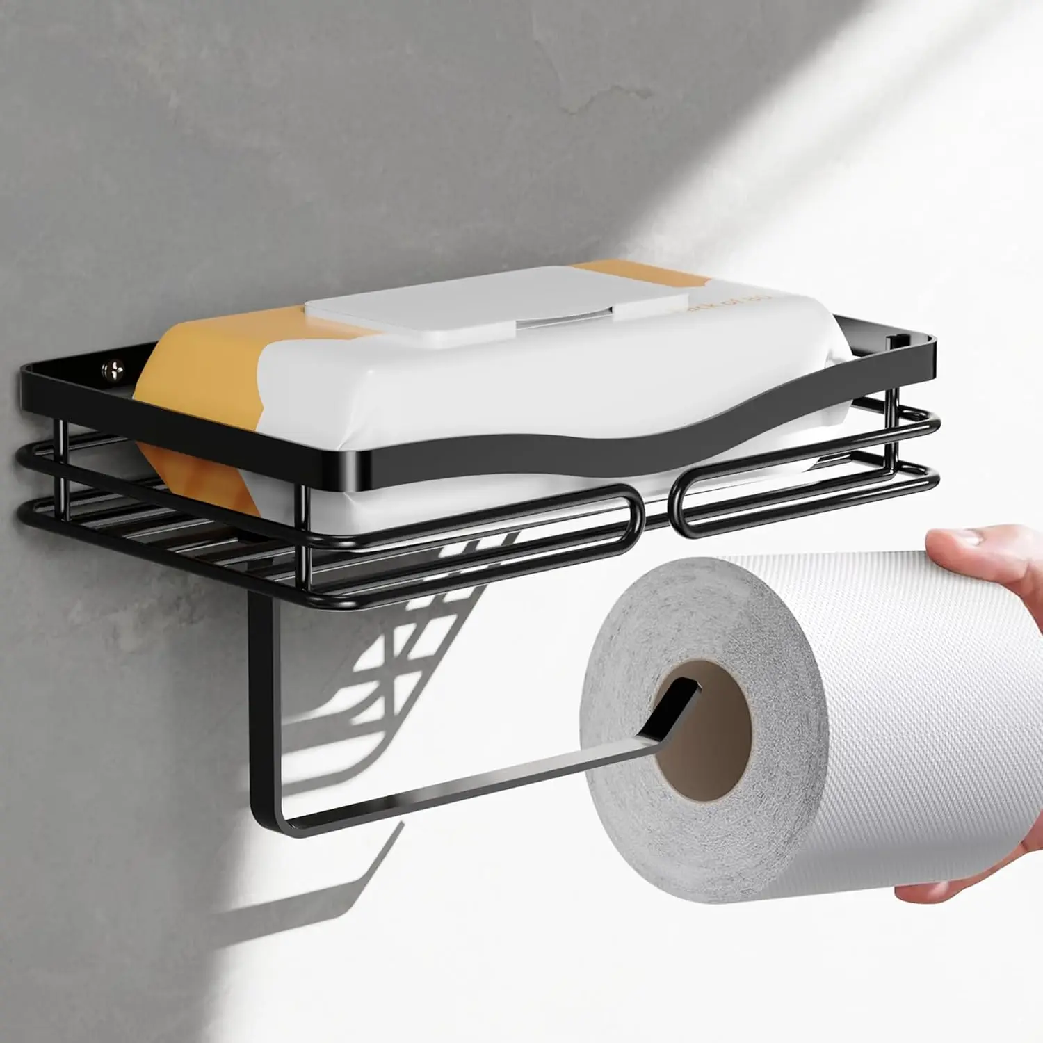

Adhesive or Drilling Toilet Paper Holder with Shelf, Rustproof Wall Mounted for Bathroom Storage in Matte Black