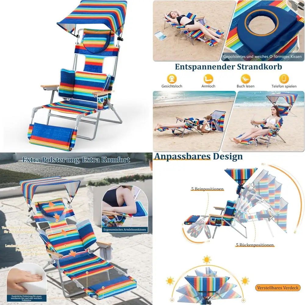 كرسي شاطئ 4 في 1 مع مظلة وكرسي تسمير البشرة وفتحات للوجه والذراع ووسادة قطنية ومساند للذراع للاسترخاء النهائي