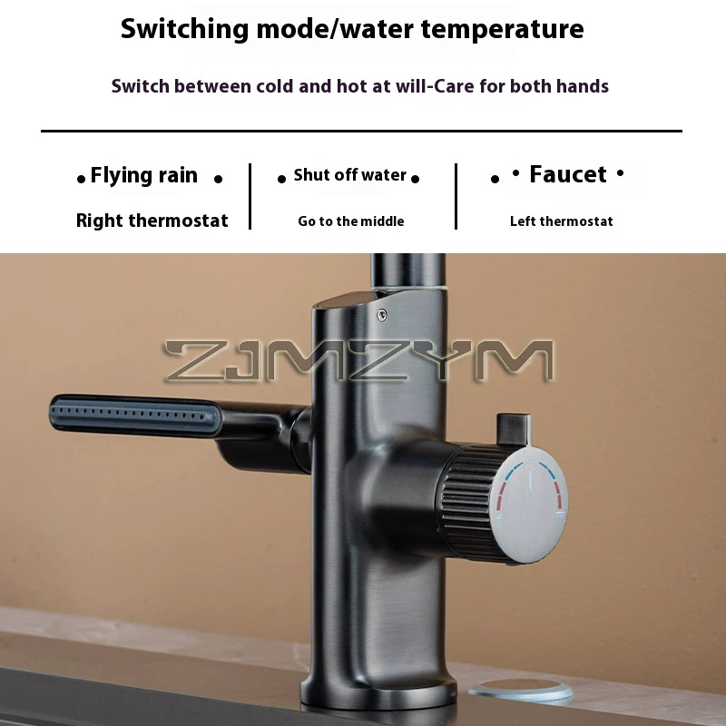 Kitchen Faucet Hot Cold Water Sink Mixer Tap Pull Out Stream Sprayer Waterfall Temperature Sensor Digital Display Kitchen Tap