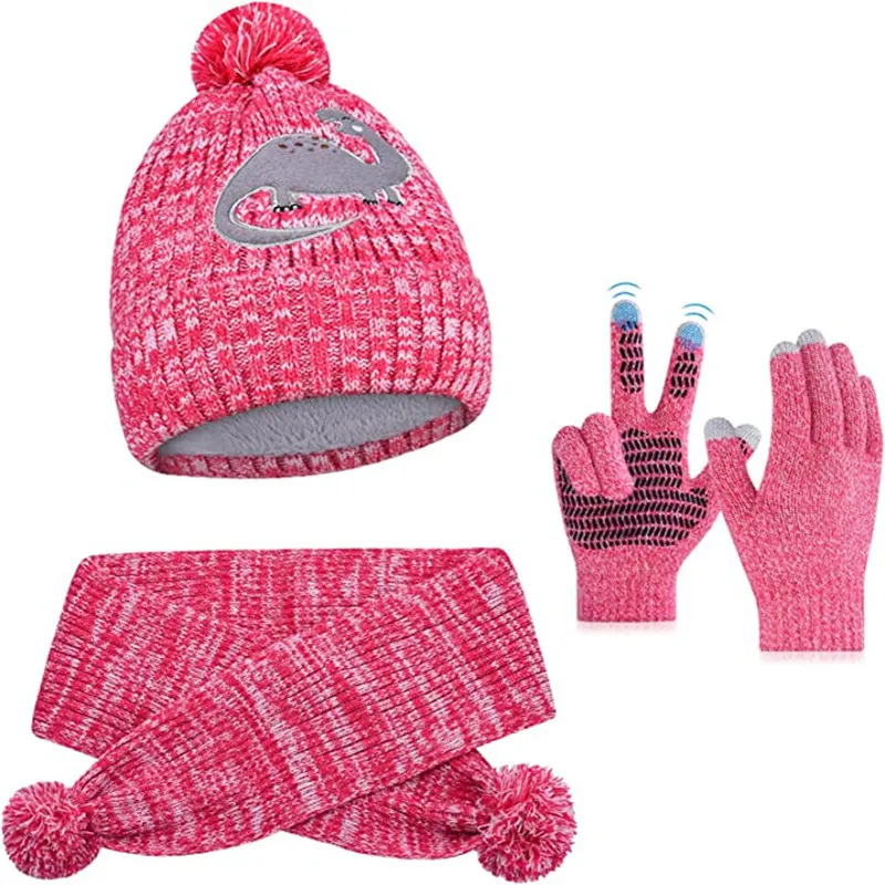 1-5Y Winter Thick Velve Warm Children Baby Knit Gloves Hat Scarf 3pcs Suit Outdoor Windproof Kids Muffler Cap Set for Boy Girl