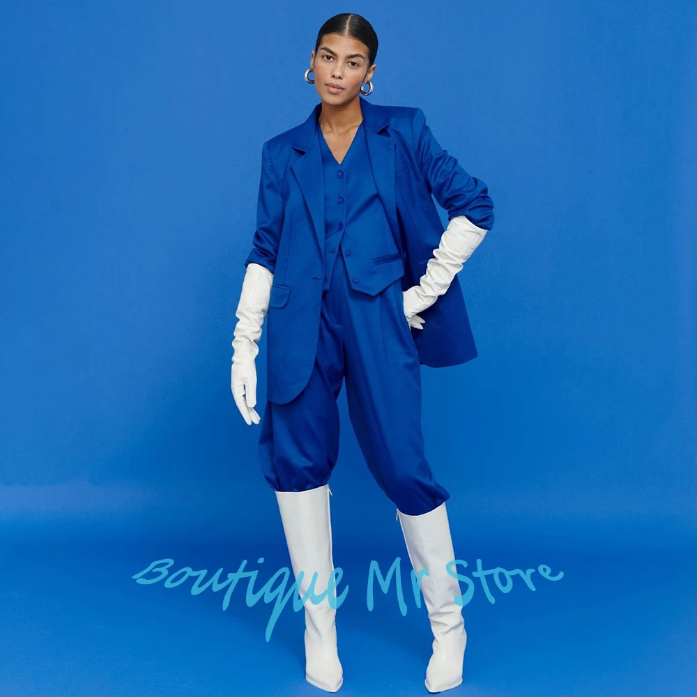 

Синий женский костюм из 3 предметов (пиджак + жилет + брюки), пиджак с лацканами на одной пуговице, офисный женский комплект на заказ, элегантный праздничный наряд