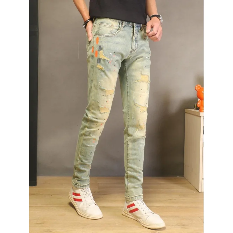 2026 New Spring Summer High-End Vintage Ripped Jeans Men Stretch Slim Fit Skinny Leg Paint Splatter Fashion Trendy Pants