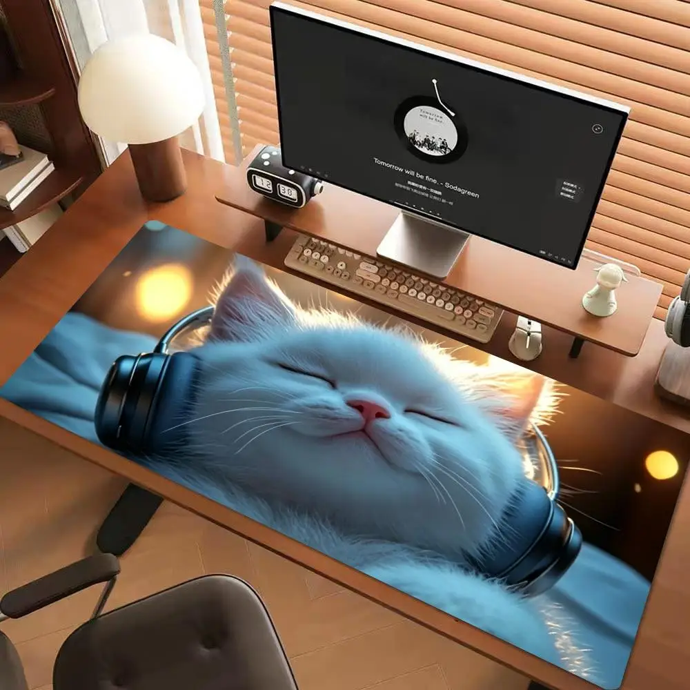 Table Mat Playmat Headphone Cat Mousepad Durable High Definition Rubber Non Slip Anime Games Pads For Youth