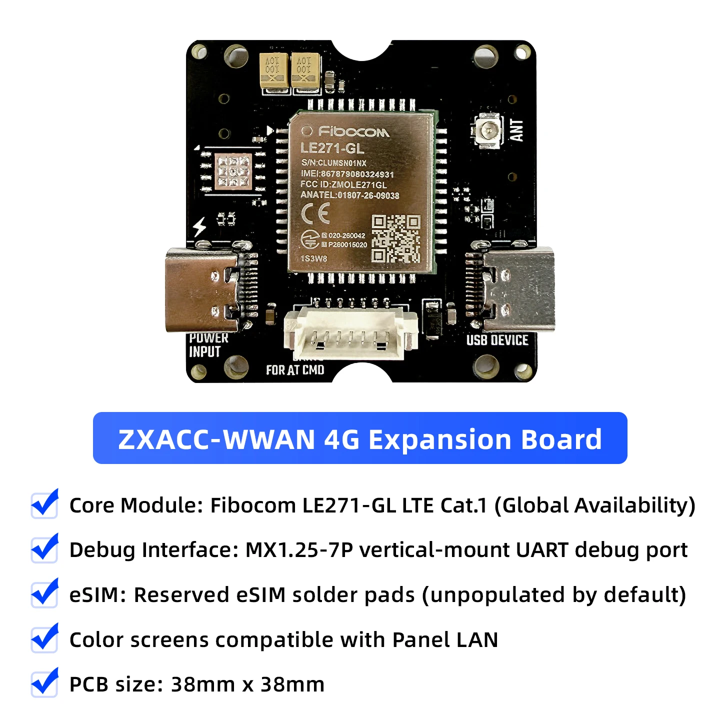 ZXACC-WWAN 4G Expansion Board Fibocom LE271-GL LTE Cat.1 Global Common Cellular Communication Capability for Qiming ESP32 Board