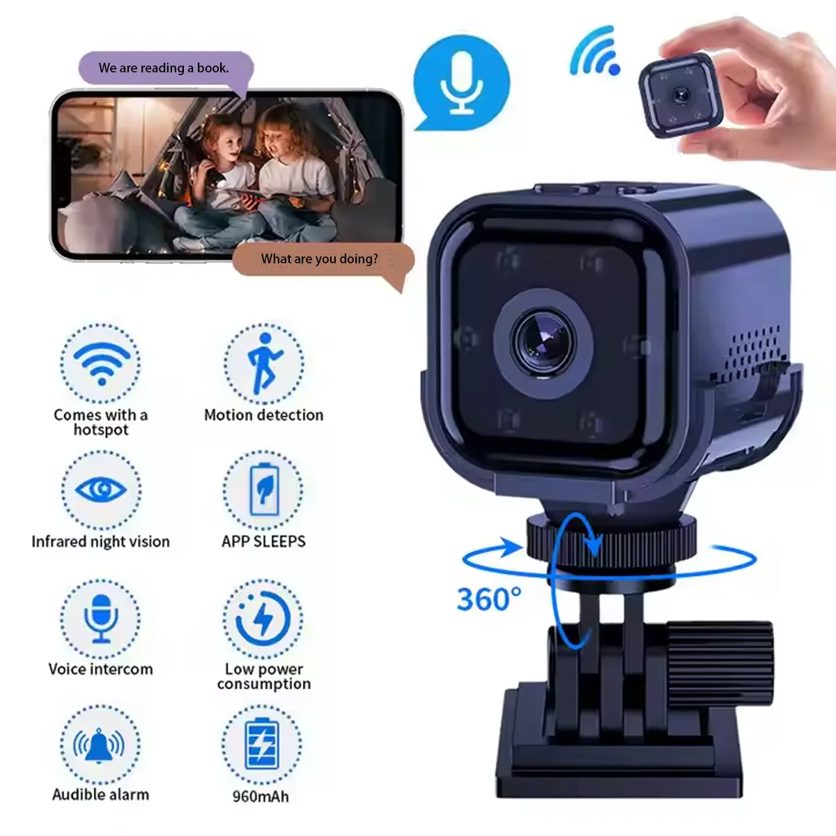 

Mini Camera with PIR Human Sensor 30 Days Battery Life 1080P Cam for Home/Car SD Card Loop Record Mobile Alerts Low Power