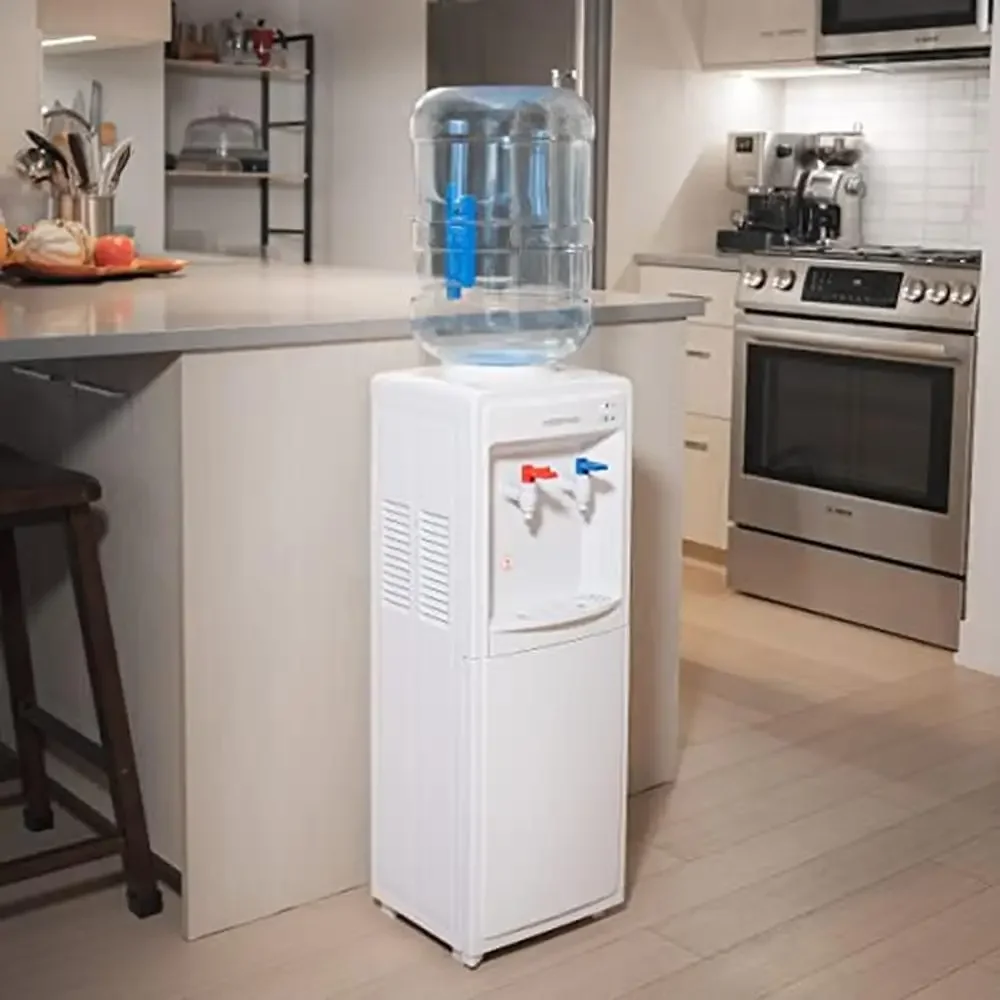 Hot and Cold Water Dispenser with Storage Cabinet Top Loading Freestanding Cooler 3/5 Gallon Tank Thermo-Electric Cooling High