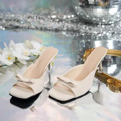 2025 New Slipper Mules Low High Heels Shoes Summer Best Street Look Females Square Head Open Toe Bow Strappy Sandals Women