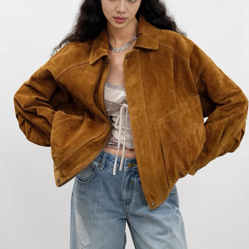 2026 Genuine Sheepskin Suede Jacket Autumn Winter Women Retro Caramel Lapel Collar Zipper Pocekt Loose Leather Coat Streetwear