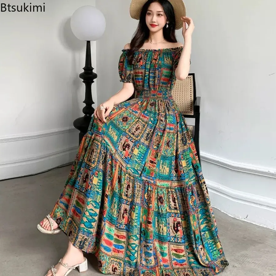Elegant Women's Clothing Spring Summer Bohemian Holiday Beach French Style Floral Vintage Slim Print Vestidos Robe Boho Dresses
