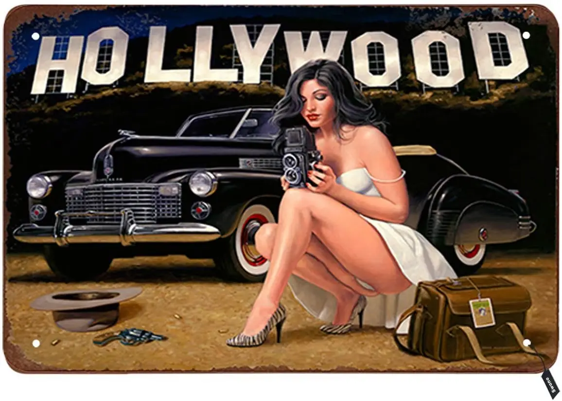 Swono Pin Up Girl Tin Signs,Hollywood Sexy Women Hand Camera Beside The Car Vintage Metal Tin Sign For Men Women,Wall Decor sign