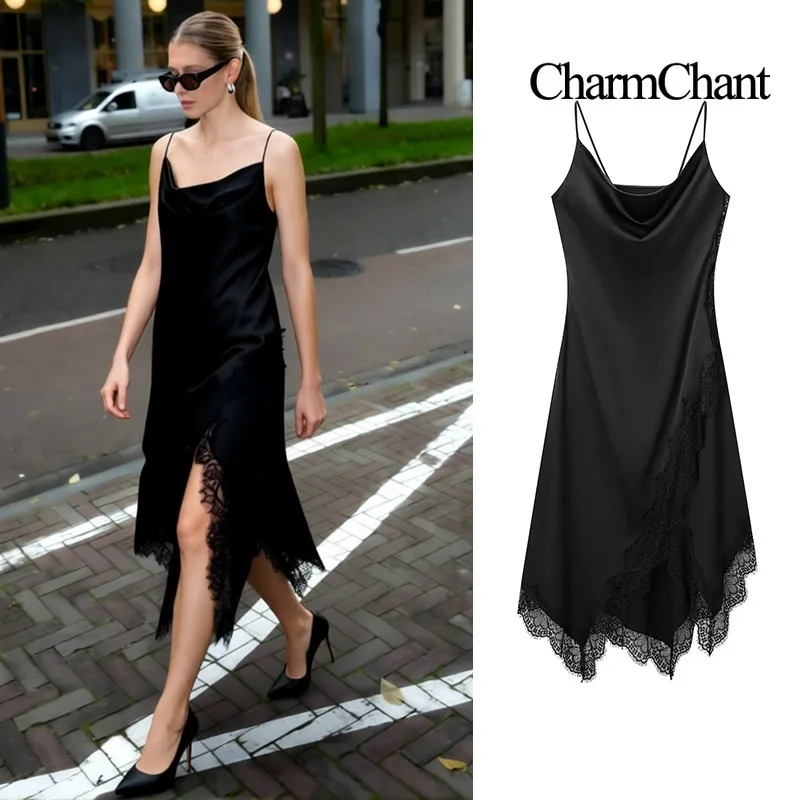 CharmChant-vestido negro de encaje satinado con cuello vuelto, dobladillo asimétrico, tirantes finos, vestidos de noche de fiesta sexys elegantes de lujo
