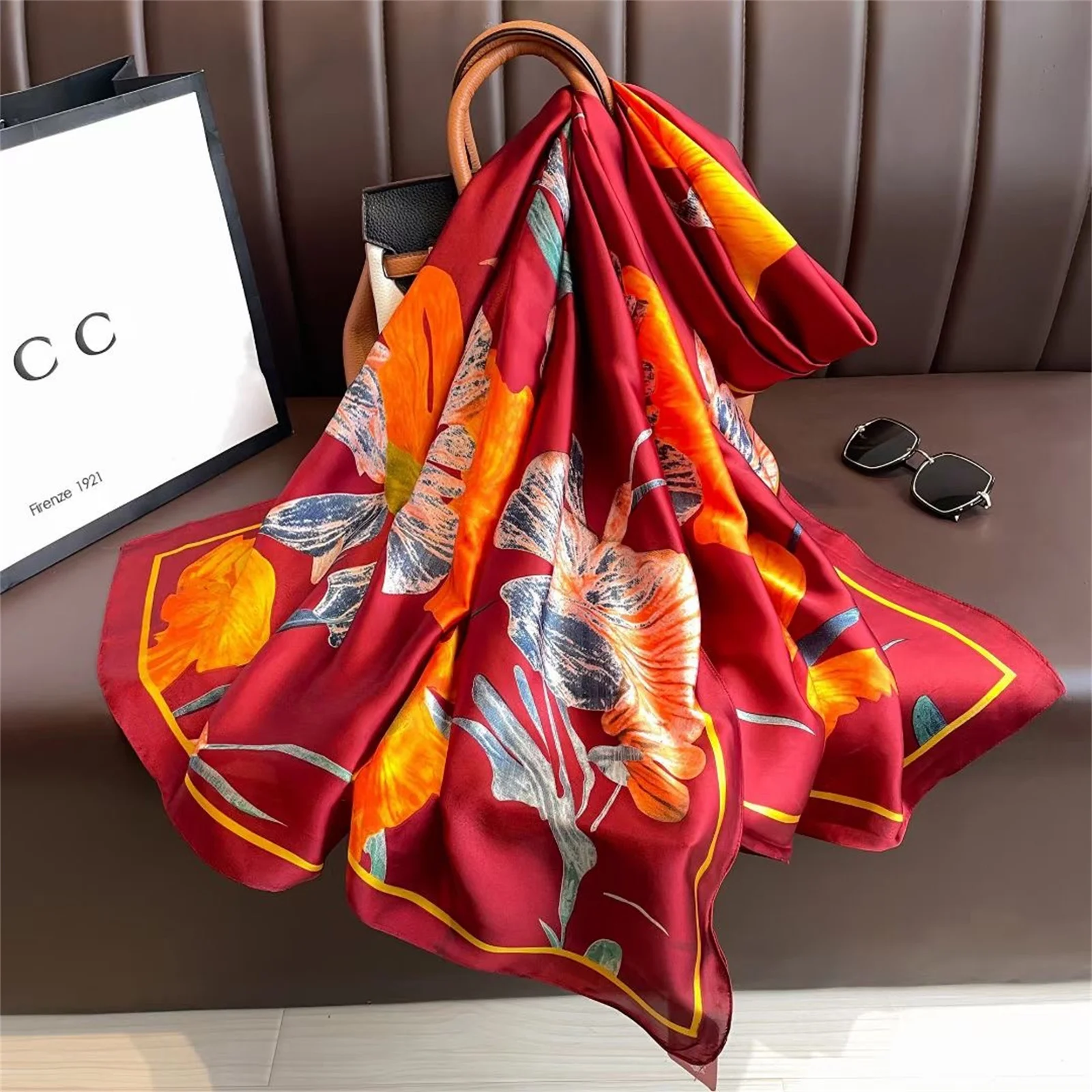 Women Popular Print Silk Scarf Luxury Brand 180X90CM Warm Hijab The Four Seasons Design Shawl Fashion Satin Finish Lrage Scarves