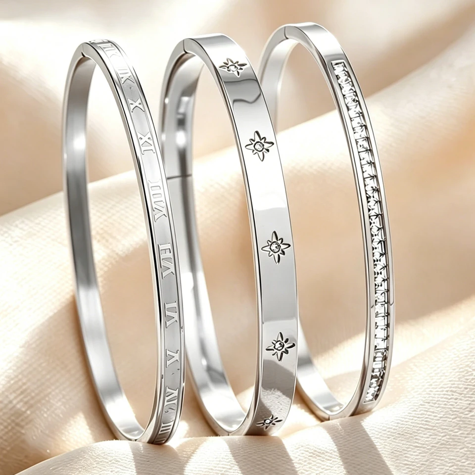 Yupsk 3pcs/set Shiny Zircon Inlaid Roman Numeral Design Stainless Steel Stackable Bracelet Exquisite Non-fading Jewelry Set Gift