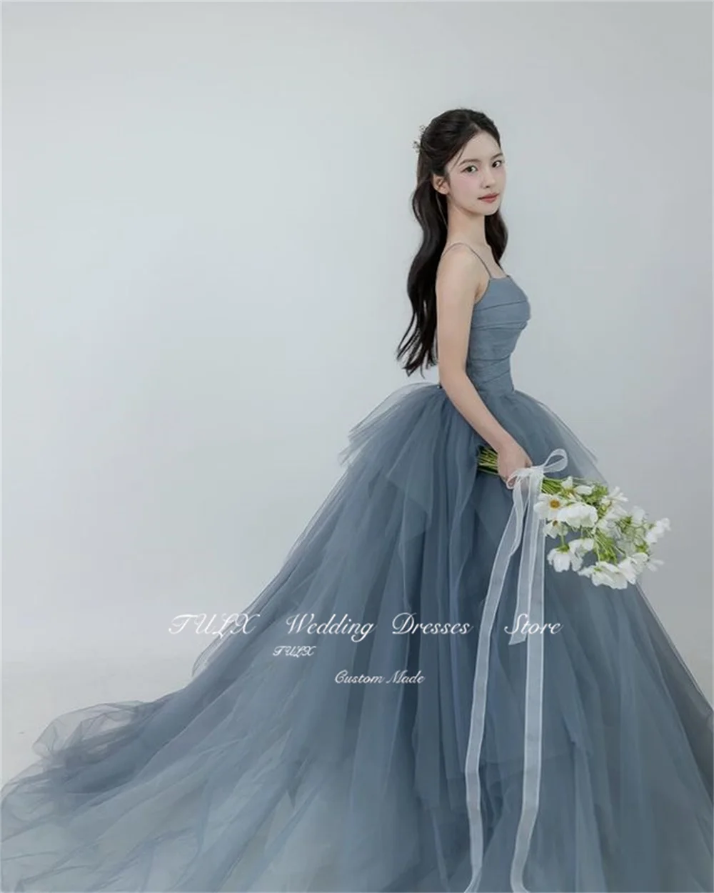 TULX Fairy Spaghetti Straps Grey Blue Tulle Korea Suknie ślubne A Line Suknie ślubne Suknie do sesji zdjęciowej Gorset Wykonane na zamówienie