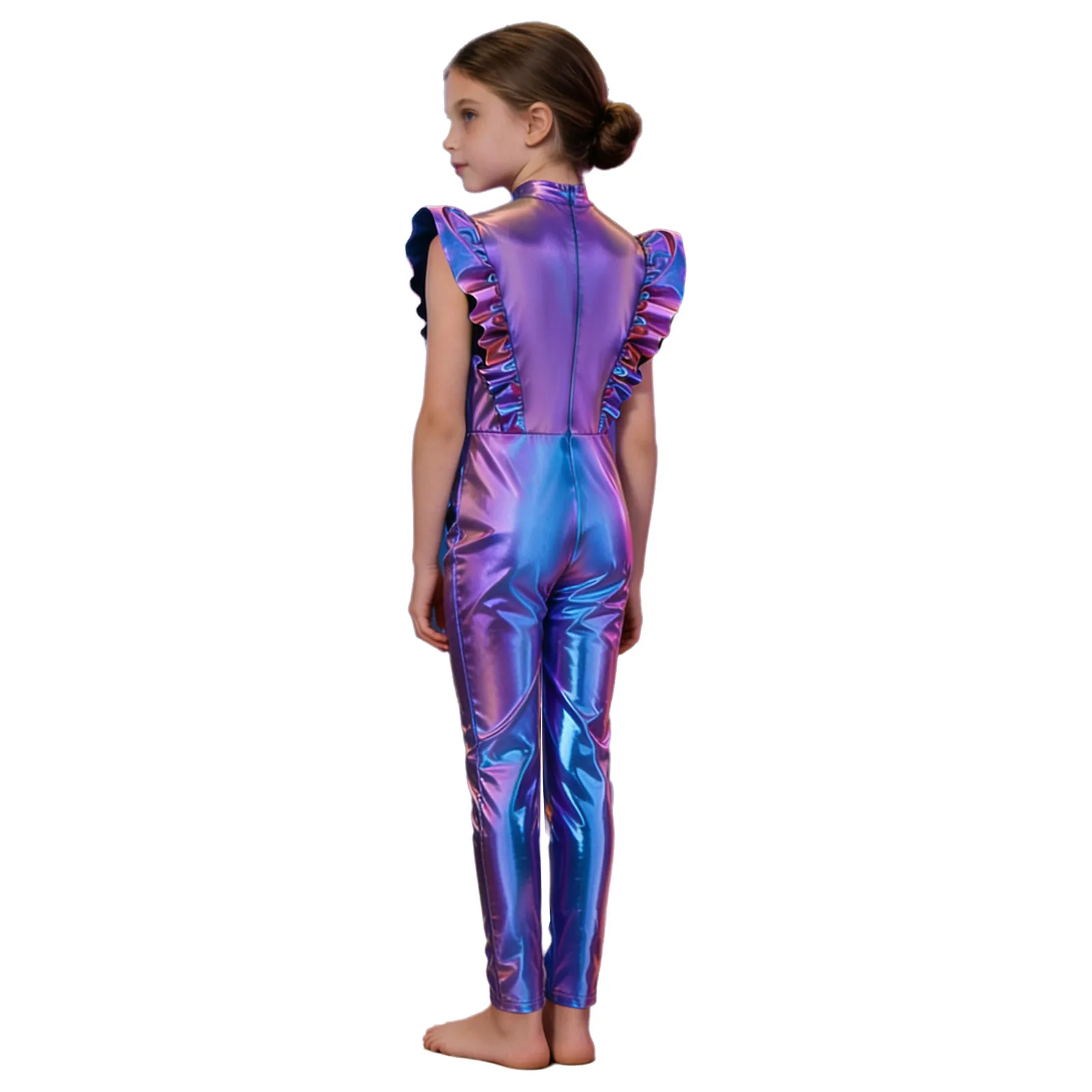 Kids Girls Metallic Alien Cosplay Costume Ballet Dance Gymnastics Leotard Ruffled Flying Sleeve Mesh Jumpsuit for Carnival Party