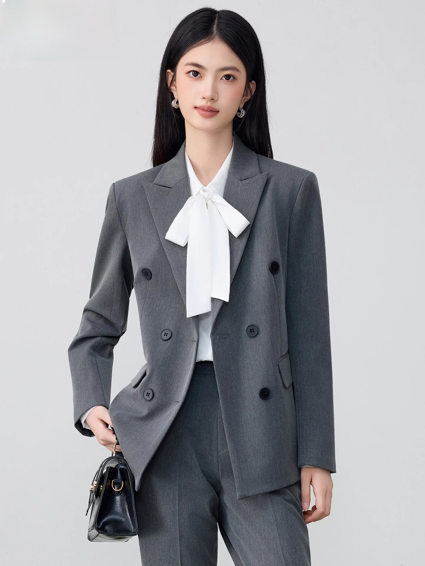 Gray Suit Jacket Women's Elegant Professional Light Work Interview Formal Career Set Work Uniform Three-Button Sleeve Cuff
