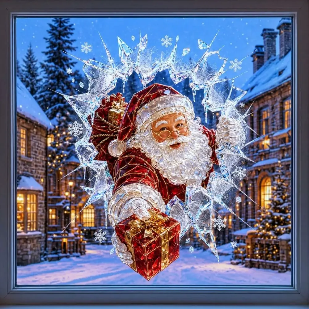 Cartoon Crystal Break-In Christmas Decal PVC Static Cling Santa Claus Window Sticker Reindeer Puppy Snowman Bear