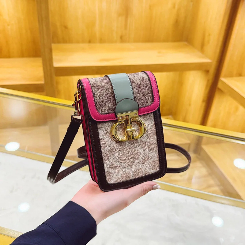 Mobile phone bag Women's retro printed messenger bag Contrast color shoulder bag Tide vertical small square bag Mobile phone bag