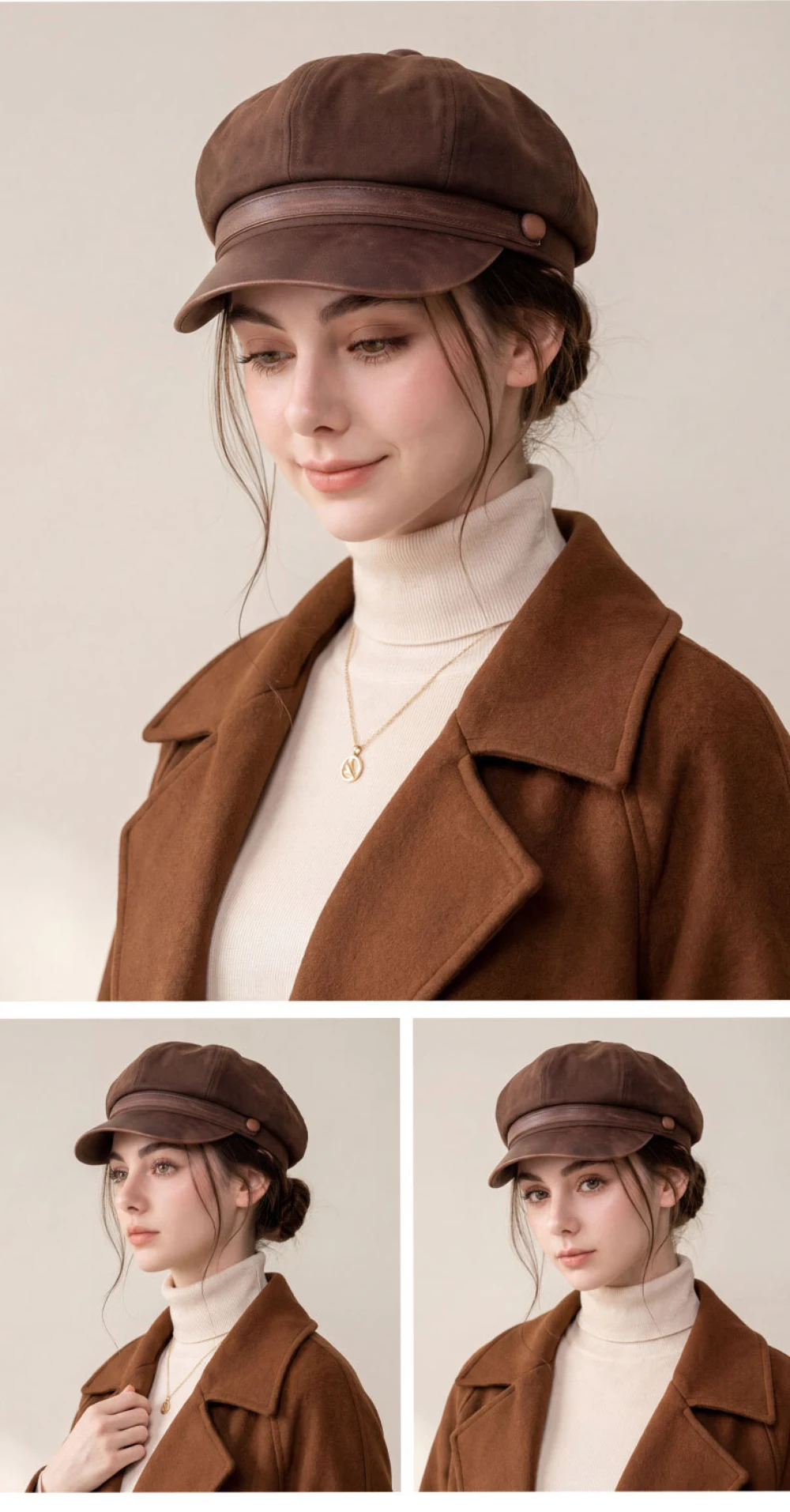 HT5149 Damen-Baskenmützen 2026 Neue Herbst-Winter-Wildleder-Baskenmütze Vintage Künstler-Malermütze Damen-Newsboy-Mütze mit PU-Lederkrempe – Detail 5