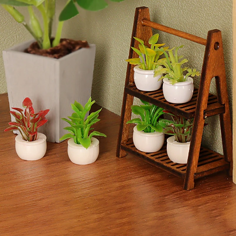 

1Set Doll House Mini Flower Stand With 4 Pots Of Green Plants Model Doll House Scene Decoration Shooting Scene Props