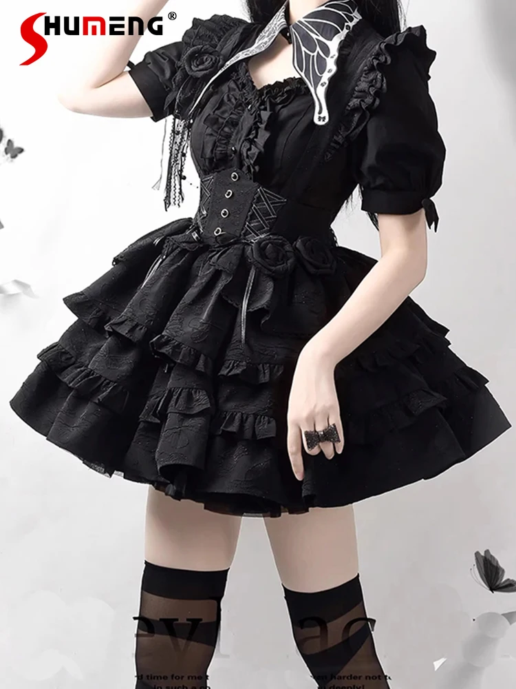 

Gothic Subculture Lolita Puff Sleeves Single-breasted Shirt Flying Sleeves High Waist Slim Suspender Skirt Two-piece Sets Women