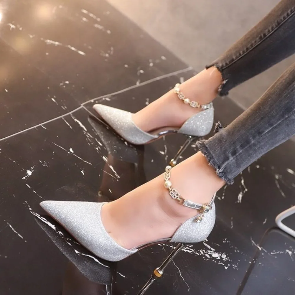 Silver Stiletto High Heel Party Wedding Shoes Women Fashion Ankle Beaded Buckle Pointed Toe Pumps Women Shallow Mouth Pumps