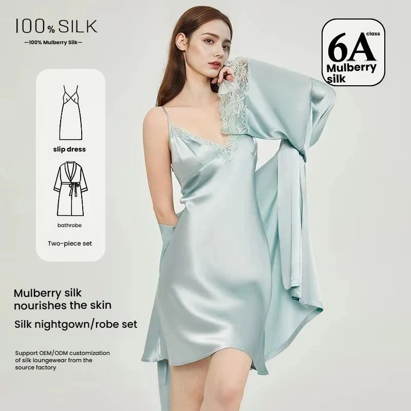 100% Mulberry Silk Pajamas Women 19 Momme Luxury Sexy Sleepwear Set V-Neck Lace Trim Short Sleeve Summer Nightwear Dress Robe Go