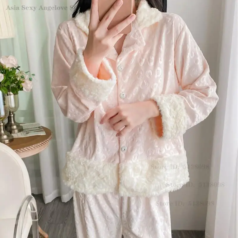 

Осенне-зимний бархатный пижамный комплект из 2 предметов, милая милая женская одежда для сна, домашняя одежда, свободная повседневная одежда для дома, плотные теплые пижамы