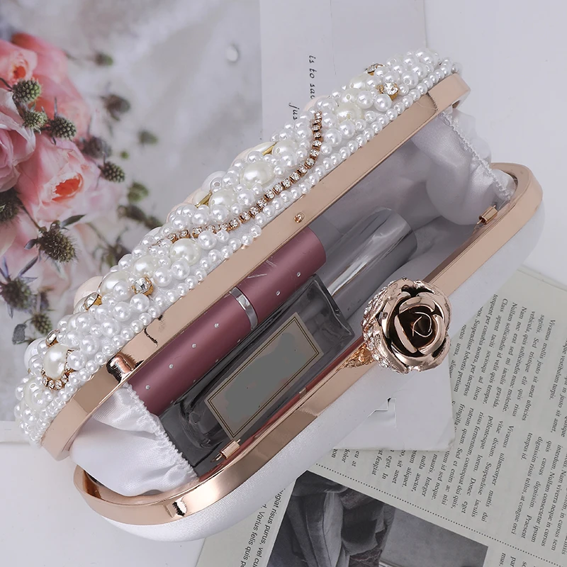 Fashion Beauty Pearl Bride Bag Luxury Chain Crystal Women Evening Bags Elegant All-match Diamond Buckle Double-sided Beads Purs