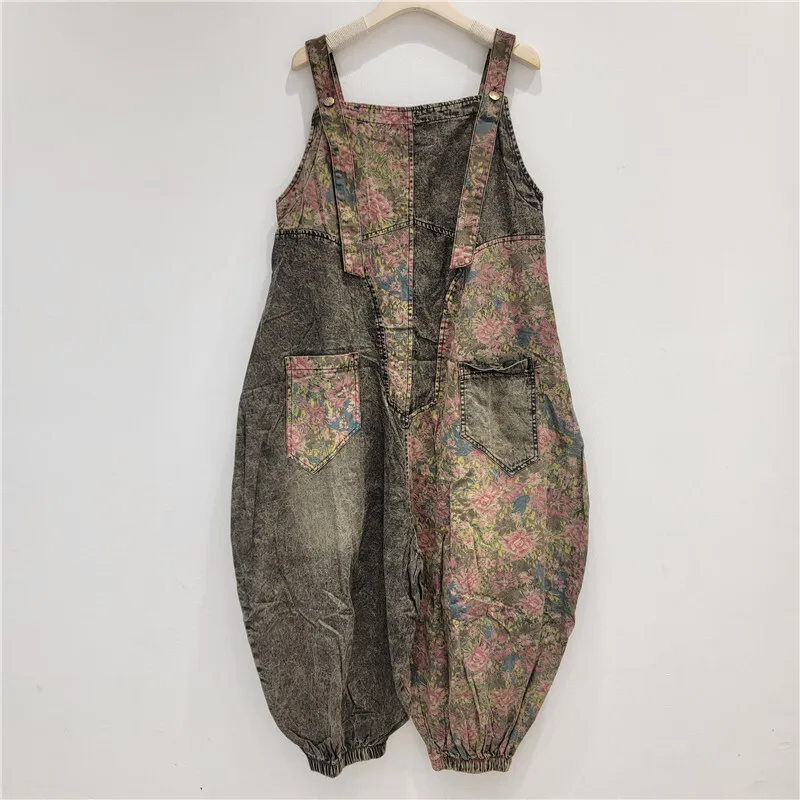 WTHTวินเทจแฟชั่นผู้หญิงSplicedพิมพ์DENIM Jumpsuitsใหม่เอวสูงแขนกุดหญิง 2025 ฤดูร้อน 1LS1472