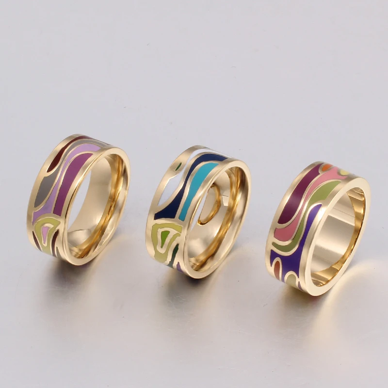 Beautiful Geometry Color Vintage Enamel 0.8cm Width Gold Rings for Women Ethnic Jewelry