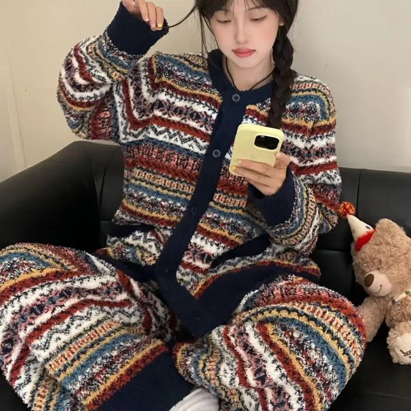 

retro stripe ethnic style fleece-lined pajamas Women's thicken cardigan coral fleece homewear flannel two-piece set elegance