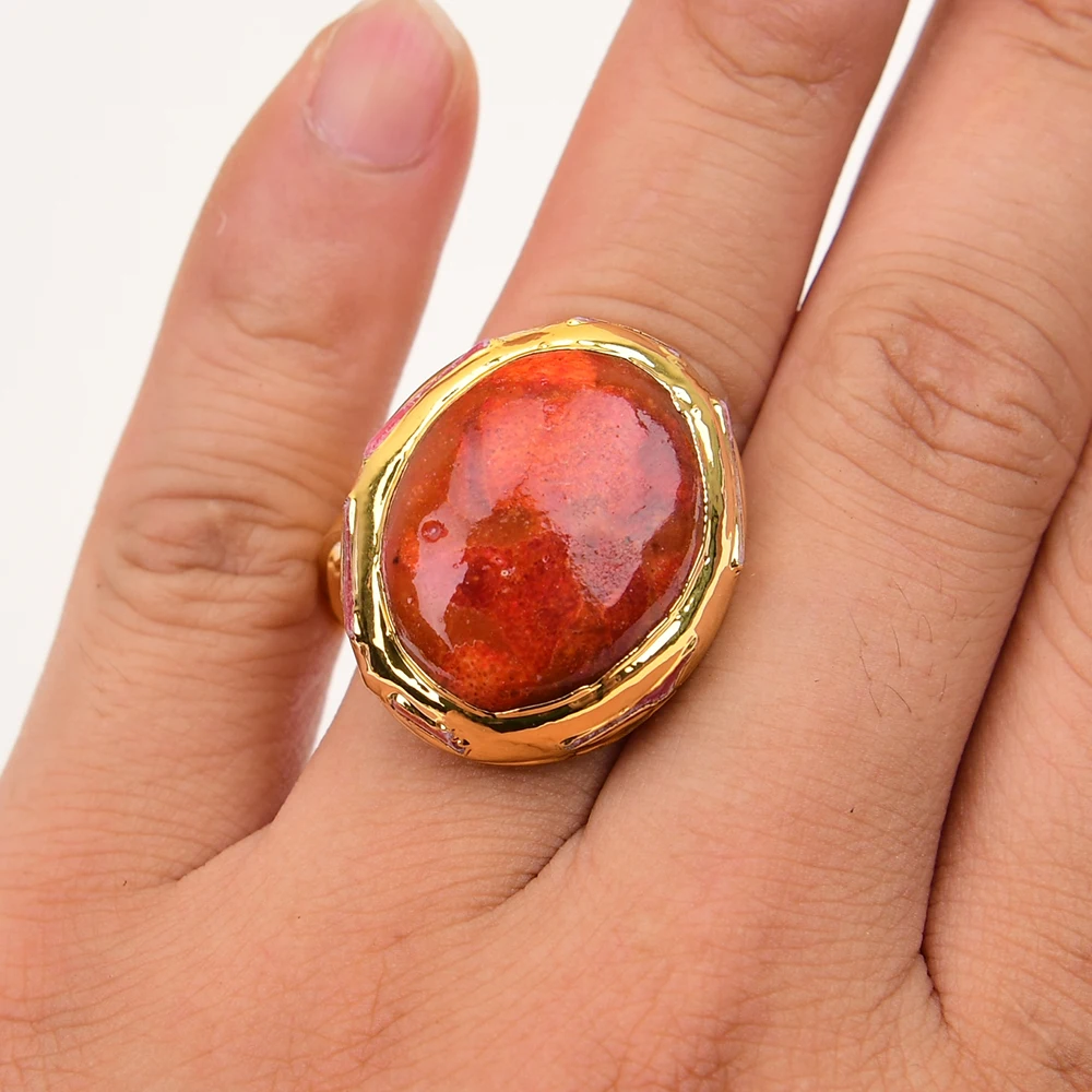 APDGG Big Natural Oval Red Spong Coral Gold Edge Plated Rings Adjustable Gems vintage Ring Handmade For Lady