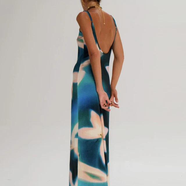 Letnia sukienka Tie-Dye z kwiatowym nadrukiem, bez pleców, damska bez rękawów, z paskiem spaghetti, seksowna obcisła sukienka na wakacje, koktajl, plaża