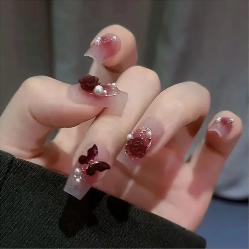 24pcs Grape Purple Blush Press On Nails Medium Coffin Fake Nails With 3D Camellia Butterfly Design Stick On Nails False Nail Tip