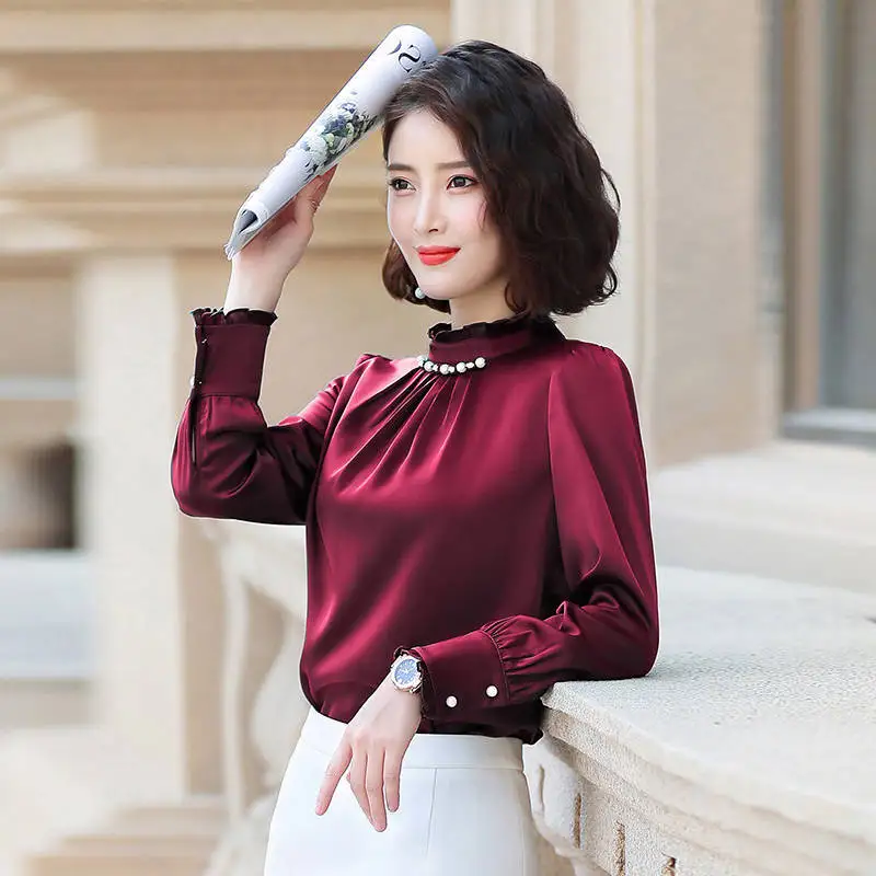 

New Autumn Professional Shirts Women's Long Sleeves Ruffled Chiffon Blouse Beaded Business Shirts 5XL